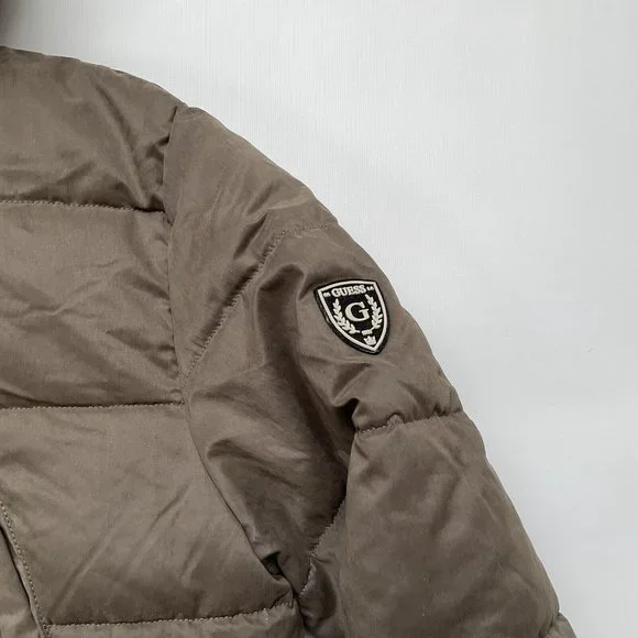 $298 Guess Men’s Alta Nylon Puffer Long Jacket With Hood In Light Brown Size XL